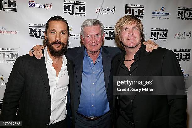 Matthew McConaughey, Mack Brown and Jack Ingram pose on the red carpet during the Mack, Jack & McConaughey charity gala at ACL Live on April 16, 2015...