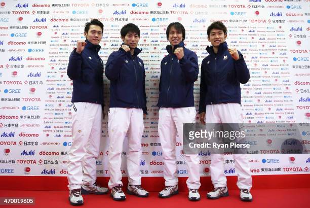 Taku Takeuchi, Daiki Ito, Noriaki Kasai and Reruhi Shimizu of Japan attend a Japanese medalist press conference at Japan House on day 11 of the Sochi...