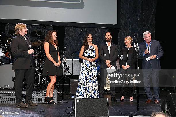 Jack Ingram, Amy Ingram, Camila Alves, Matthew McConaughey, Sally Brown and Mack Brown appear on stage during the Mack, Jack & McConaughey charity...