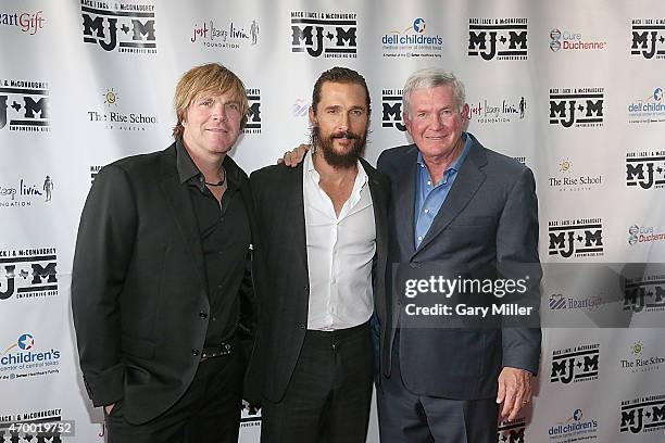 Jack Ingram, Matthew McConaughey and Mack Brown pose on the red carpet during the Mack, Jack & McConaughey charity gala at ACL Live on April 16, 2015...