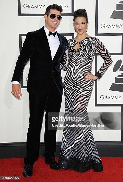 Recording Artist Robin Thicke and actress Paula Patton arrive at the 56th GRAMMY Awards at Staples Center on January 26, 2014 in Los Angeles,...