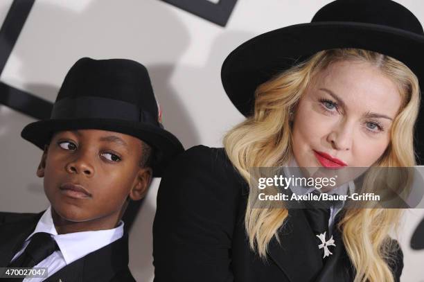 Singer Madonna and son David Banda Mwale Ciccone Ritchie arrive at the 56th GRAMMY Awards at Staples Center on January 26, 2014 in Los Angeles,...