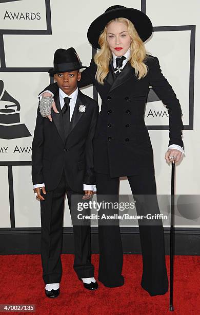 Singer Madonna and son David Banda Mwale Ciccone Ritchie arrive at the 56th GRAMMY Awards at Staples Center on January 26, 2014 in Los Angeles,...