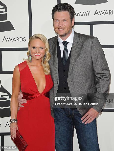 Singers Blake Shelton and wife Miranda Lambert arrive at the 56th GRAMMY Awards at Staples Center on January 26, 2014 in Los Angeles, California.