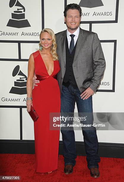 Singers Blake Shelton and wife Miranda Lambert arrive at the 56th GRAMMY Awards at Staples Center on January 26, 2014 in Los Angeles, California.