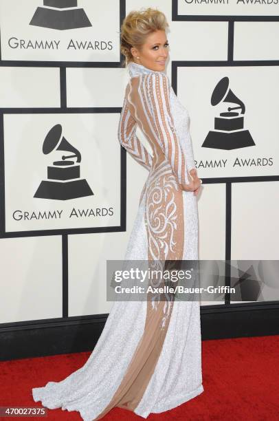Socialite Paris Hilton arrives at the 56th GRAMMY Awards at Staples Center on January 26, 2014 in Los Angeles, California.