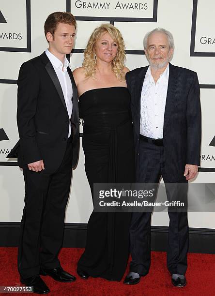 Musician Ben Haggard, Theresa Ann Lane and musician Merle Haggard arrive at the 56th GRAMMY Awards at Staples Center on January 26, 2014 in Los...