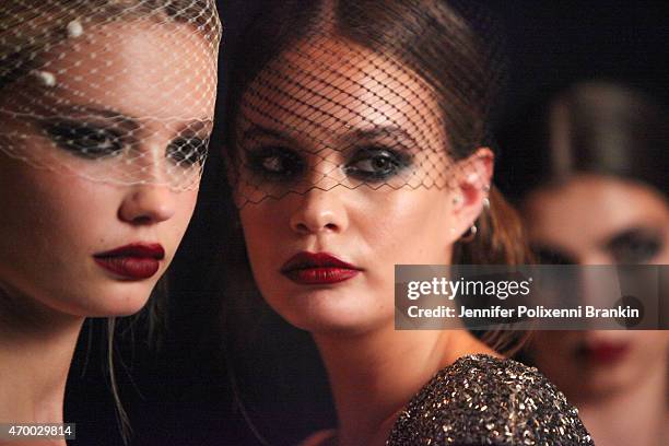 Model prepares backstage ahead of the Johanna Johnson Presented By Capitol Grand show at Mercedes-Benz Fashion Week Australia 2015 at Carriageworks...