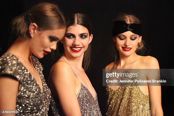 Model prepares backstage ahead of the Johanna Johnson Presented By Capitol Grand show at Mercedes-Benz Fashion Week Australia 2015 at Carriageworks...