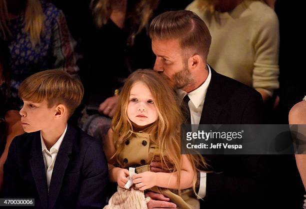 Romeo Beckham, Harper Beckham and David Beckham attend the Burberry "London in Los Angeles" event at Griffith Observatory on April 16, 2015 in Los...