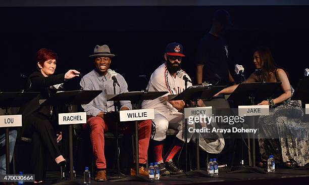 Sharon Osbourne, Robbie Jones, Brian Wilson and Ming-Na Wen perform at the Film Independent at LACMA Live Read of "Major League" at Bing Theatre At...