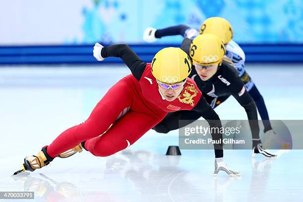 Jianrou Li of China leads the pack in the Short Track Ladies' 1000m Heat at Iceberg Skating Palace on day 11 of the 2014 Sochi Winter Olympics on...