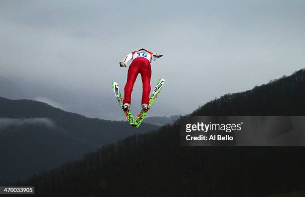 Han Hendrik Piho of Estonia makes a trial jump as he competes in the Nordic Combined Men's Individual LH during day 11 of the Sochi 2014 Winter...