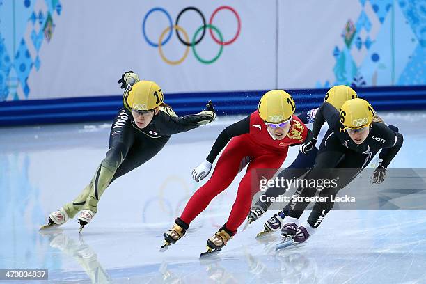 Jianrou Li of China leads the pack in the Short Track Ladies' 1000m Heat at Iceberg Skating Palace on day 11 of the 2014 Sochi Winter Olympics on...