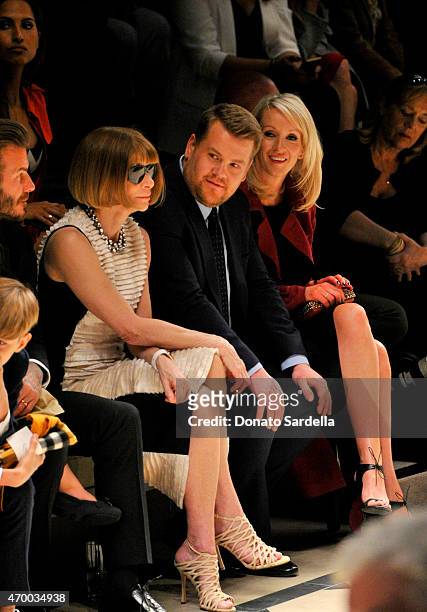 Editor-in-chief of American Vogue Anna Wintour, tv personality James Corden and Julia Corden attend the Burberry "London in Los Angeles" event at...
