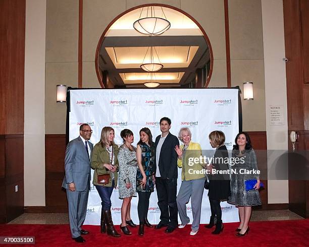 Authors David C. Banks, Isabel Gillies, E. Lockhart, Rebecca Stead, Matt De La Pena, Lucy Ferriss, Cynthia Weil and Sarah Mlynowski pose for...