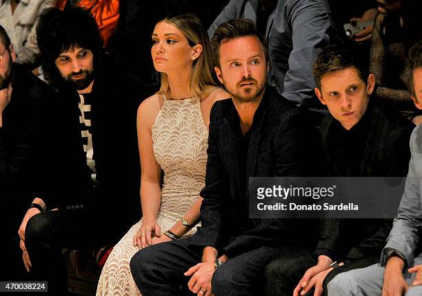 Lauren Parsekian and actors Aaron Paul and Jamie Bell attend the Burberry "London in Los Angeles" event at Griffith Observatory on April 16, 2015 in...