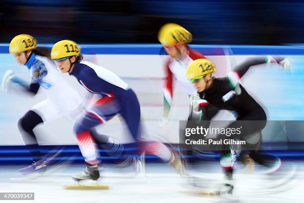 Sofia Prosvirnova of Russia, Veronique Pierron of France, Bernadett Heidum of Hungary and Arianna Fontana of Italy compete in the Short Track Ladies'...