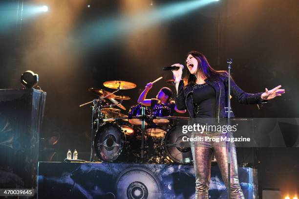 Vocalist Floor Jansen performing live on stage with Finnish symphonic metal group Nightwish at Shepherd's Bush Empire in London, on November 5, 2012.