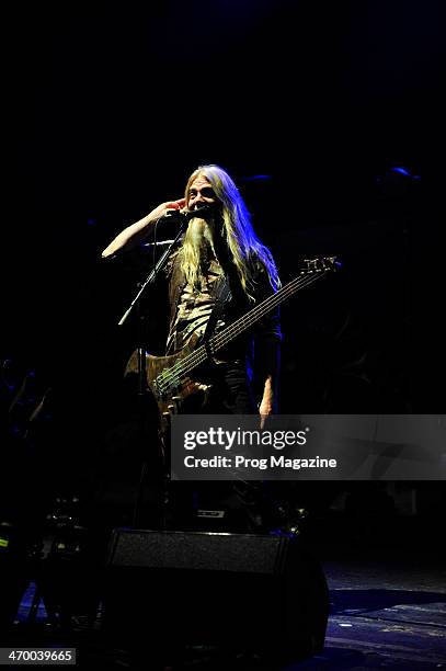 Bassist Marco Hietala of Finnish symphonic metal group Nightwish, performing live on stage at Shepherd's Bush Empire in London, on November 5, 2012.