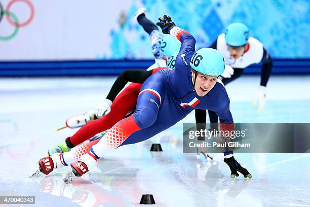 Sebastien Lepape of France leads the pack in the Short Track Men's 500m Heat at Iceberg Skating Palace on day 11 of the 2014 Sochi Winter Olympics on...