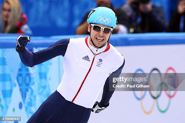 Jon Eley of Great Britain reacts after competing in the Short Track Men's 500m Heat at Iceberg Skating Palace on day 11 of the 2014 Sochi Winter...