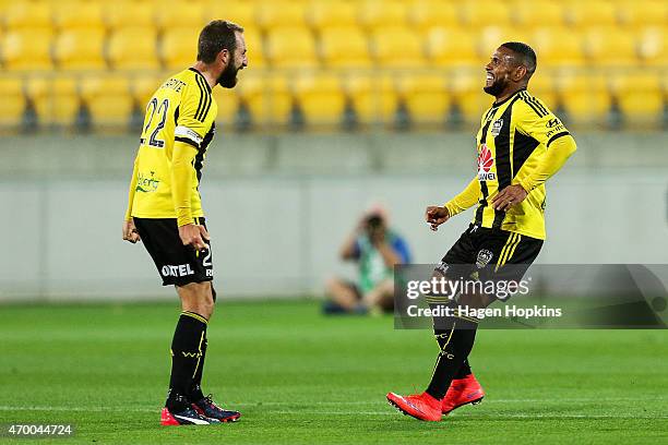 Kenny Cunningham of the Phoenix celebrates his goal with Andrew Durante during the round 26 A-League match between the Wellington Phoenix and the...