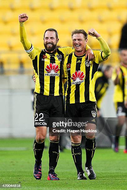 Andrew Durante and Ben Sigmund of the Phoenix celebrate the win after the final whistle during the round 26 A-League match between the Wellington...