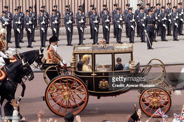 Queen Elizabeth, The Queen Mother, and Prince Edward ride in The Glass Coach to attend the Queens' Silver Jubilee celebrations, London, 7th June 1977.