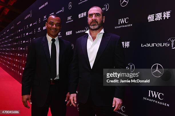 Former Footballers Cafu of Brazil and Eric Cantona of France attend the 2015 Laureus World Sports Awards at Shanghai Grand Theatre on April 15, 2015...