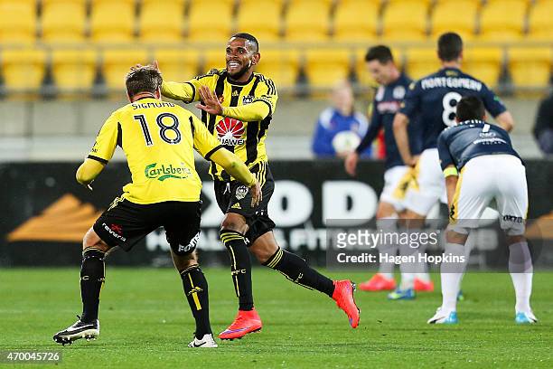 Kenny Cunningham of the Phoenix celebrates his goal with teammate Ben Sigmund during the round 26 A-League match between the Wellington Phoenix and...