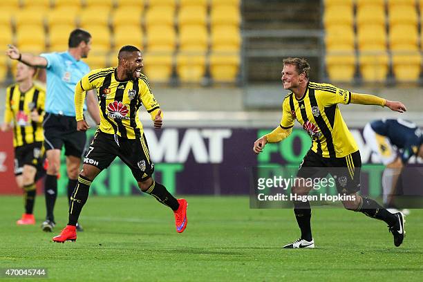 Kenny Cunningham of the Phoenix celebrates his goal with teammate Ben Sigmund during the round 26 A-League match between the Wellington Phoenix and...