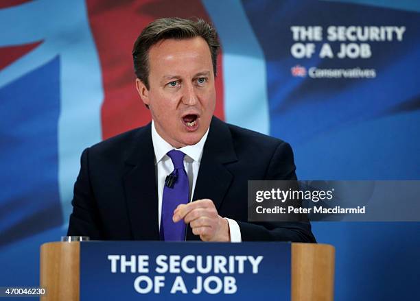 Prime Minister David Cameron addresses Fujitsu employees on April 17, 2015 in Birmingham, England. The leader of the Conservative Party is spending...