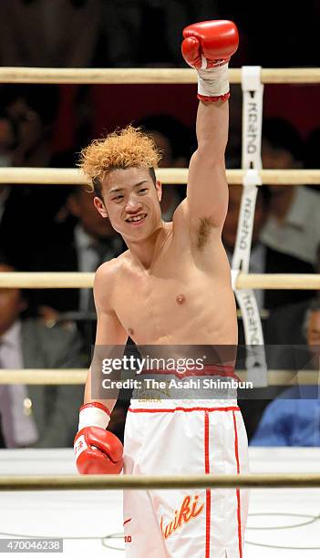 Juiki Tatsuyoshi celebrates winning his WBC Super Bantamweight fourth round bout against Tadao Iwaya at BodyMaker Colosseum on April 16, 2015 in...