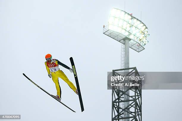 Gasper Berlot of Slovenia competes in the Nordic Combined Men's Individual LH during day 11 of the Sochi 2014 Winter Olympics at RusSki Gorki Jumping...