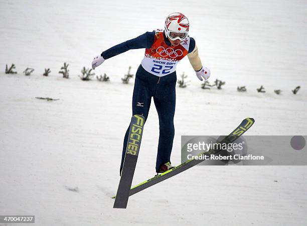 Taihei Kato of Japan competes during the Nordic Combined Men's Individual LH on day 10 of the Sochi 2014 Winter Olympics at RusSki Gorki Jumping...