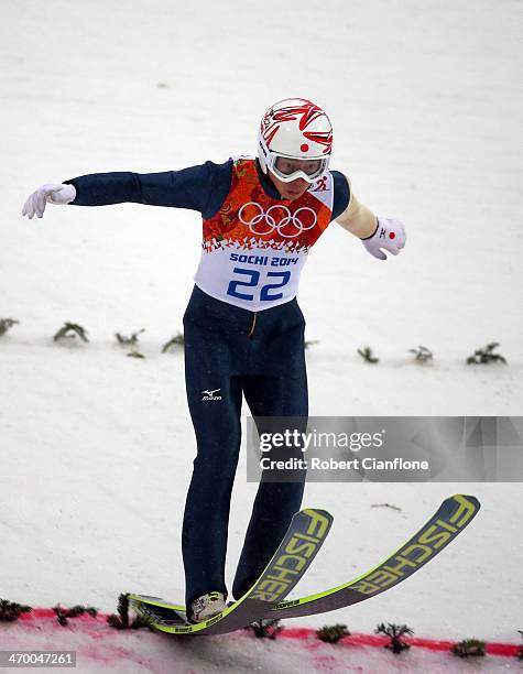 Taihei Kato of Japan lands during the Nordic Combined Men's Individual LH on day 10 of the Sochi 2014 Winter Olympics at RusSki Gorki Jumping Center...