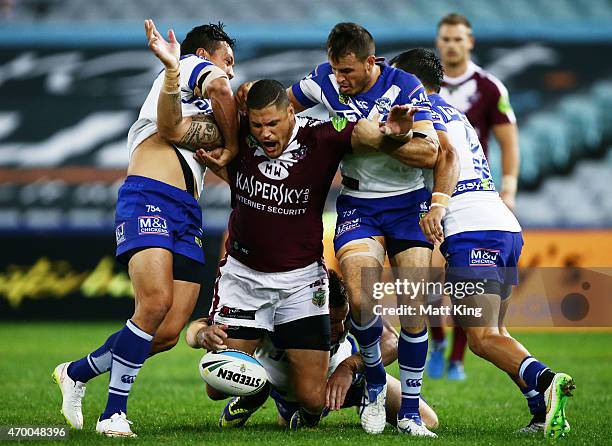 Willie Mason of the Sea Eagles drops the ball in the first tackle of the match during the round seven NRL match between the Canterbury Bulldogs and...