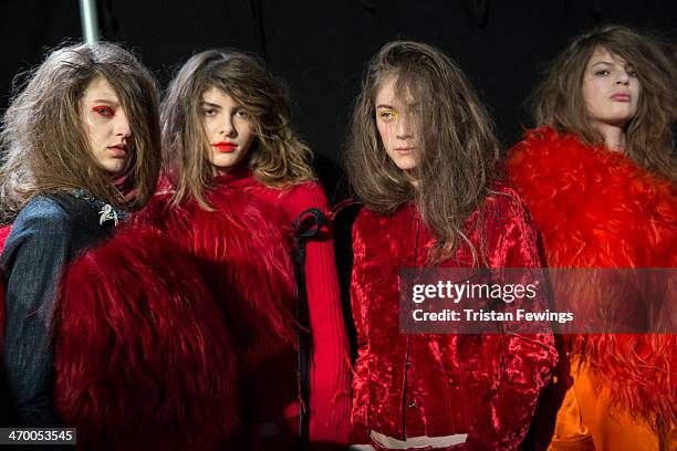 Models backstage at the Marques'Almeida show at London Fashion Week AW14 at Tate Modern on February 18, 2014 in London, England.