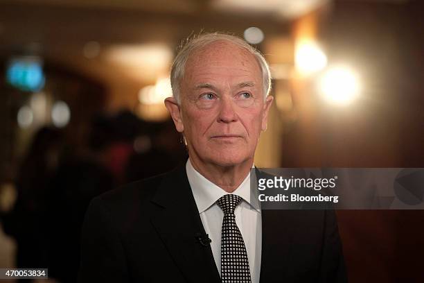 Tim Clark, president of Emirates Airline, pauses during a Bloomberg Television interview at a news conference in London, U.K., on Friday, April 17,...