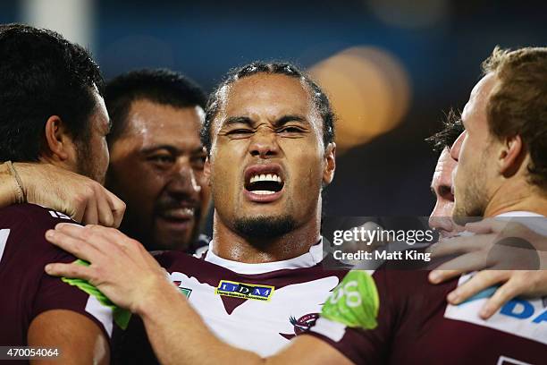 Steve Matai of the Sea Eagles celebrates a try to Peta Hiku during the round seven NRL match between the Canterbury Bulldogs and the Manly Warringah...