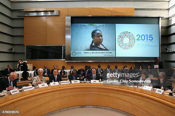 World Bank Group President Jim Kim leads a meeting with finance and development ministers and international partners and Guinea President Alpha...