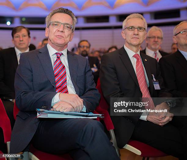 German Interior Minister Thomas de Maiziere and Juergen Stock, BKA-President attend the 17th European Police Congress on February 18, 2014 in Berlin,...