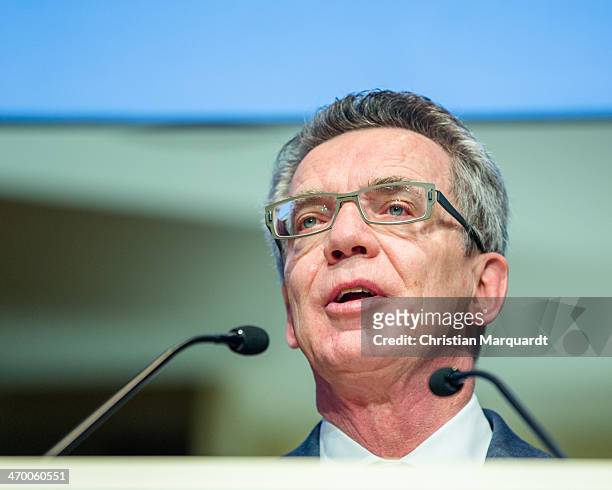 German Interior Minister Thomas de Maiziere a delivers a speech during the 17th European Police Congress on February 18, 2014 in Berlin, Germany. The...