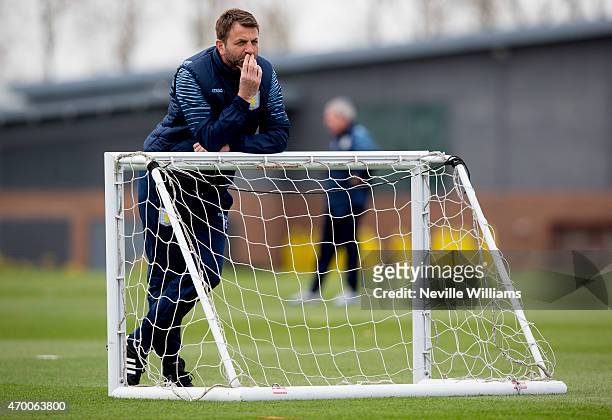 Tim Sherwood manager of Aston Villa in action during a Aston Villa training session at the club's training ground at Bodymoor Heath on April 17, 2015...