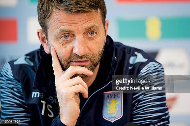 Tim Sherwood manager of Aston Villa talks to the press during a press conference at the club's training ground at Bodymoor Heath on April 17, 2015 in...