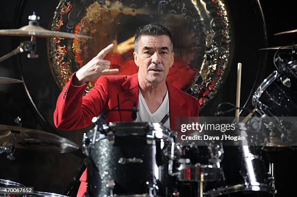 Musician John Keeble is seen on set of a video shoot for Spandau Ballet's 'Soul Boy' and 'Steal' on February 5, 2015 in London, England.