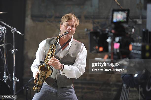 Musician Steve Norman is seen on set of a video shoot for Spandau Ballet's 'Soul Boy' and 'Steal' on February 5, 2015 in London, England.