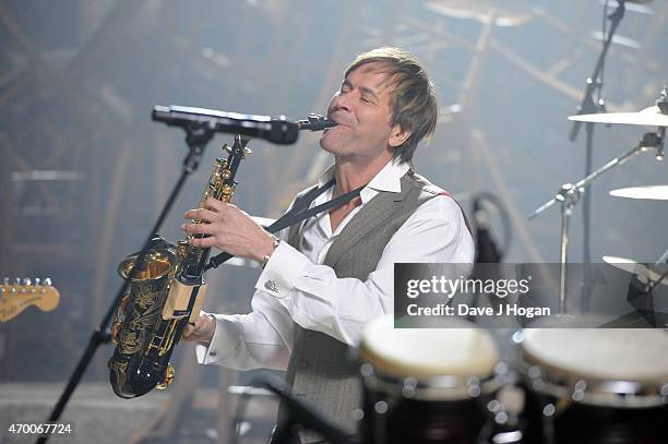 Musician Steve Norman is seen on set of a video shoot for Spandau Ballet's 'Soul Boy' and 'Steal' on February 5, 2015 in London, England.