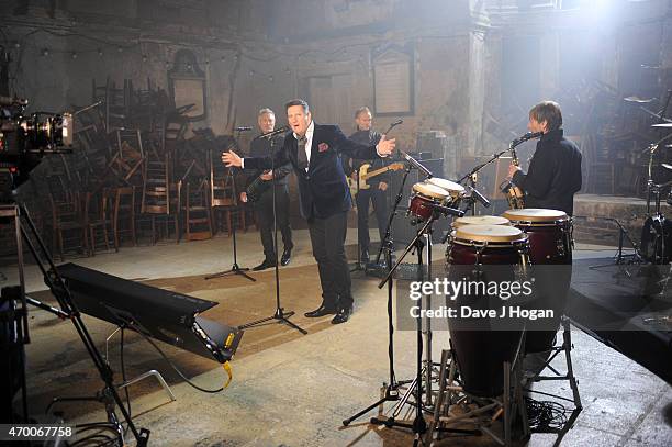 Musicians Martin Kemp, Gary Kemp, Tony Hadley and Steve Norman are seen performing on set of a video shoot for Spandau Ballet's 'Soul Boy' and...